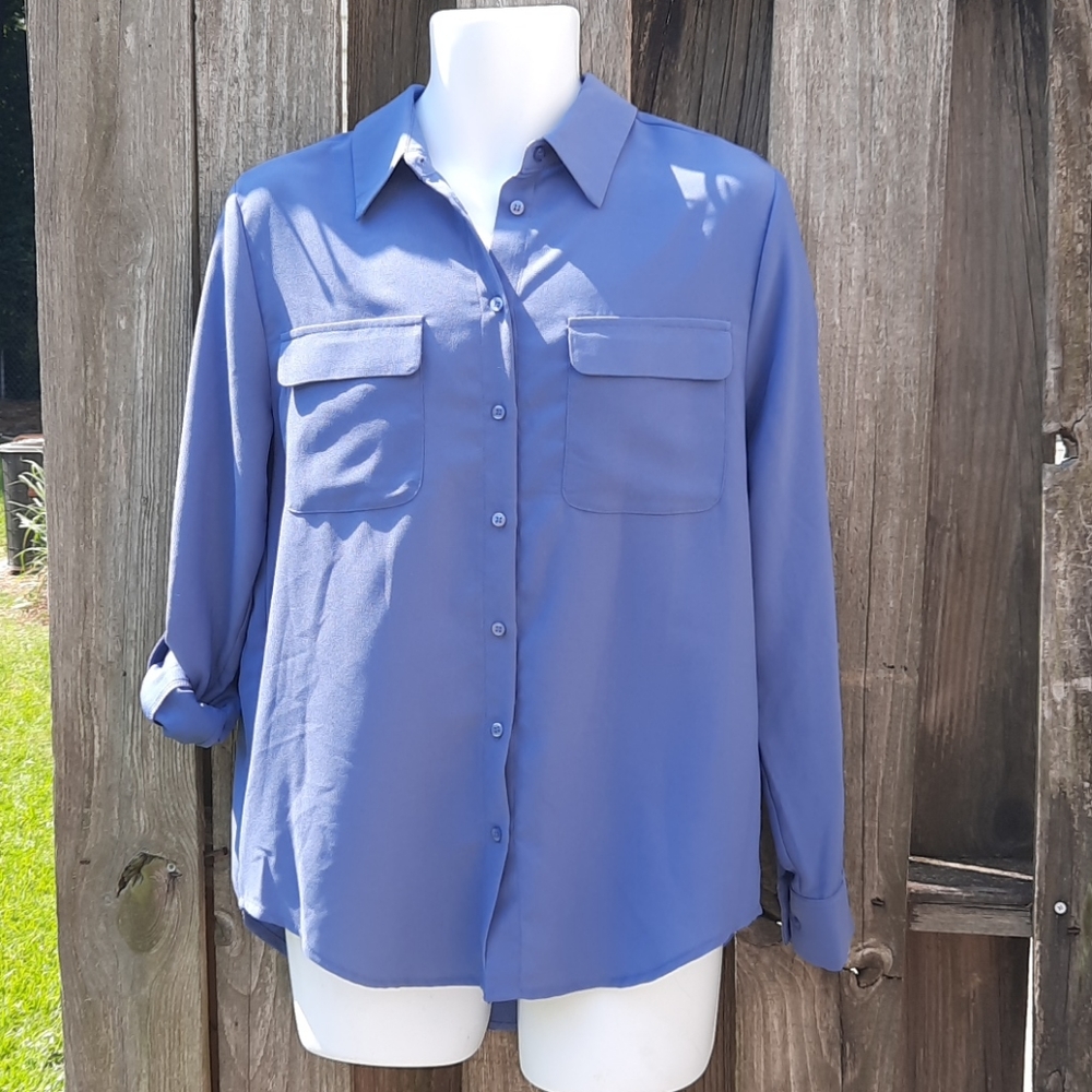 Madison Utility Shirt Women's Slate Blue Roll Tab Sleeve Button Up Blouse Medium